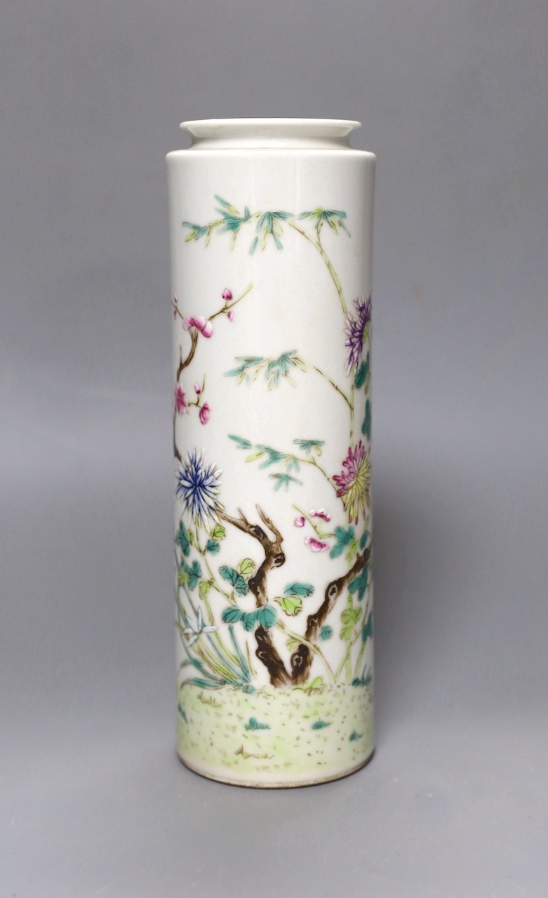 A Chinese cylindrical famille rose vase, 23.5 cms high